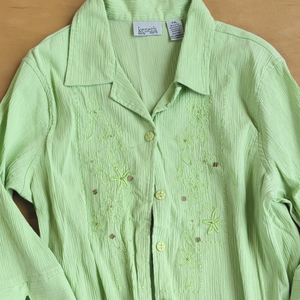 Light Green Button Down Embroidered Beaded Textured Crinkle Shirt Keneth XL P